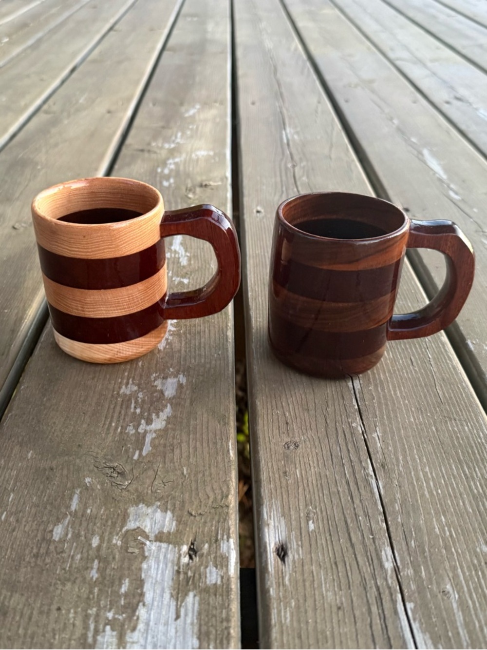 Set of Two Wondrous Works in Wood Striped Wooden Coffee Mugs Made in Texas